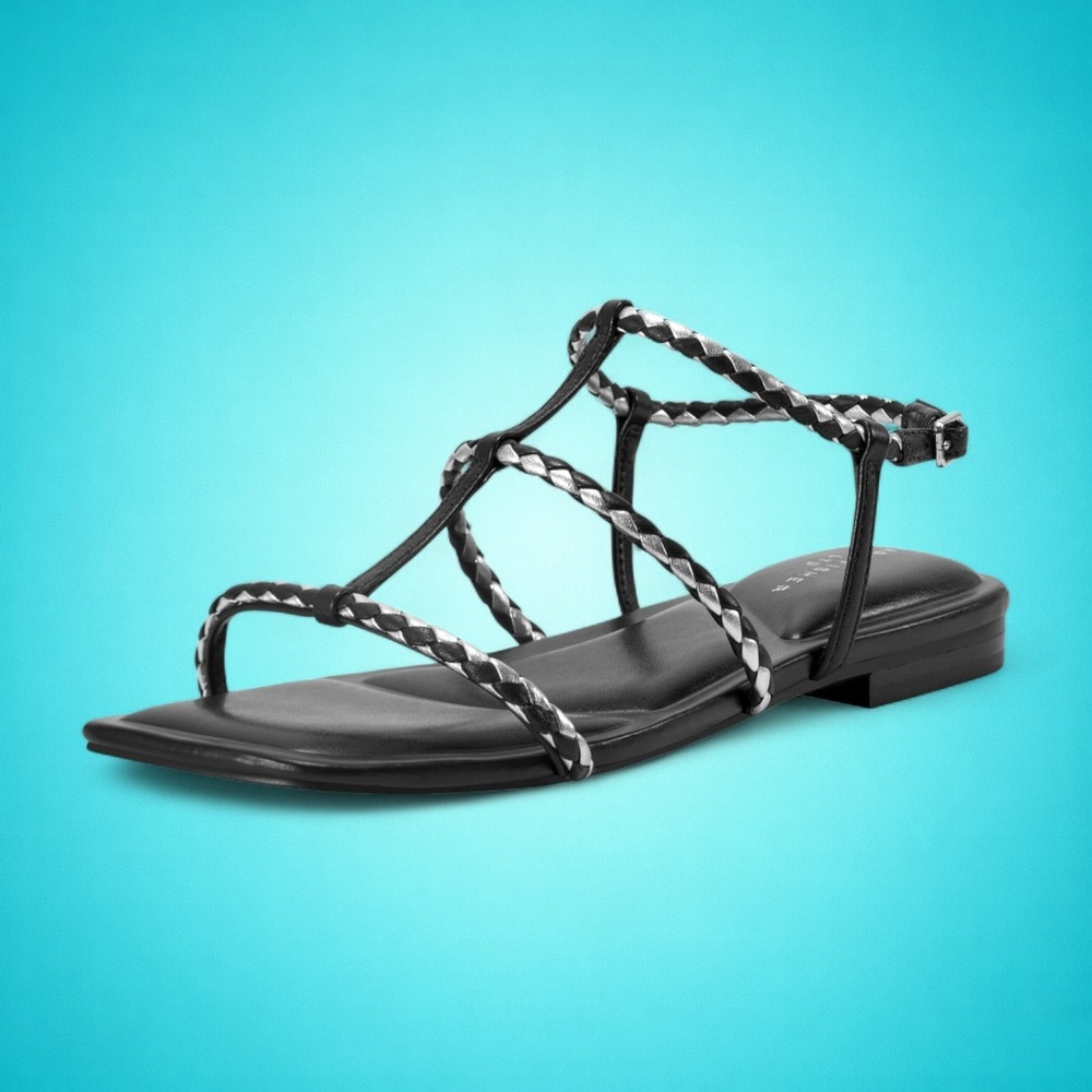 New Women's Marc Fisher LTD Black Leather Maze Flat Sandals, Size 8. Retail $120